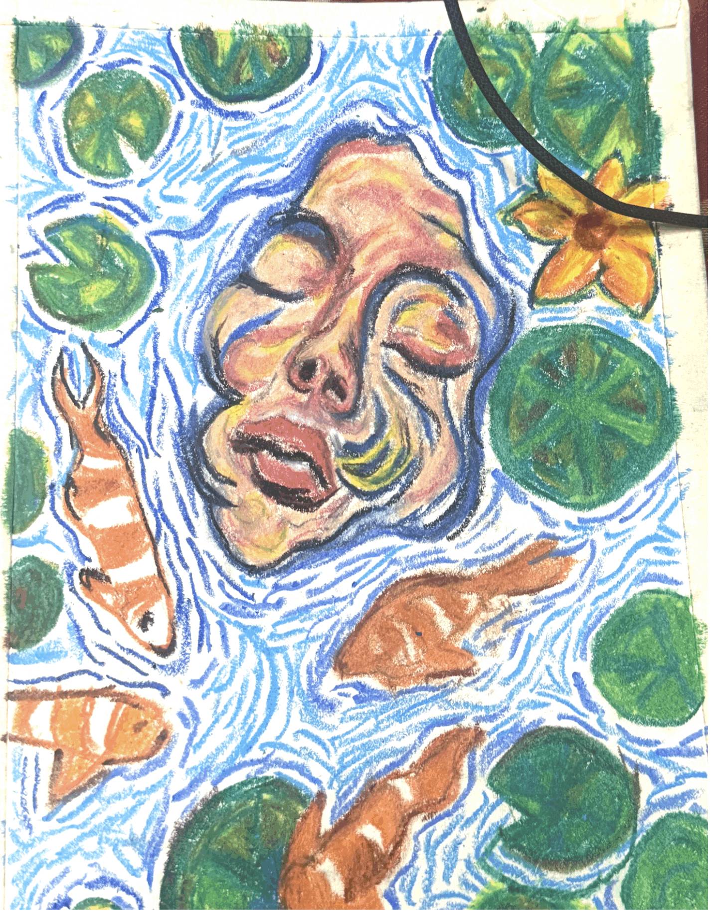 Light and dark blue dashes drawn across the white spaces between the face, koi and lily pads