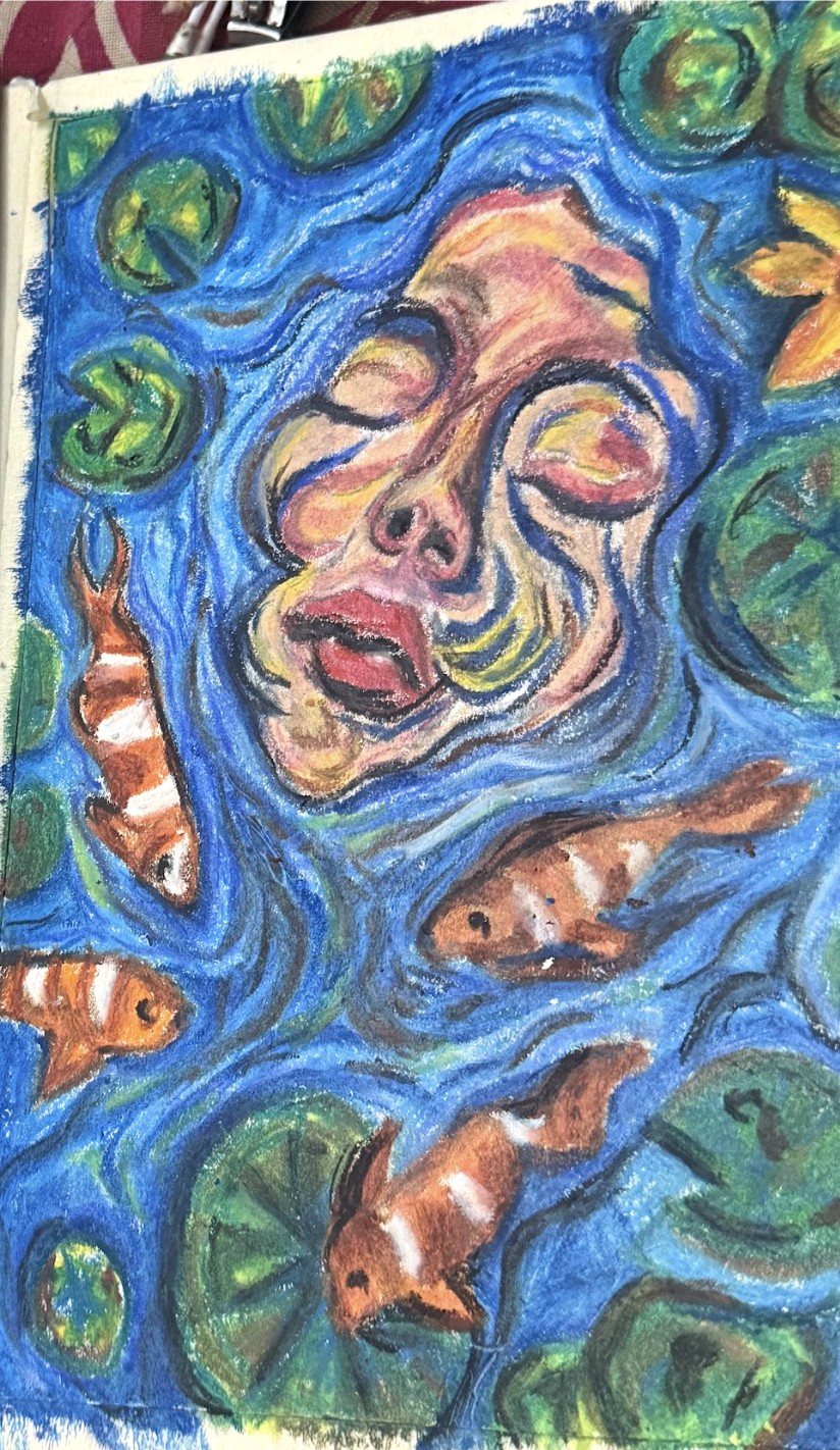 A third layer adding brown into the waves, with black outlines on the koi and the flower petals